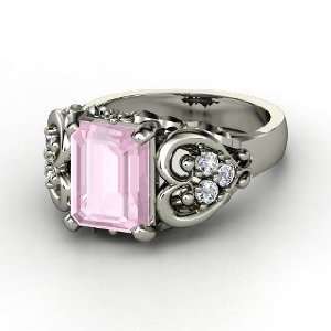   Heart Ring, Emerald Cut Rose Quartz Sterling Silver Ring with Diamond