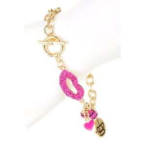  HOT LOVE Goldtone Pink Lips and Cherry Toggle Charm Bracelet Jewelry