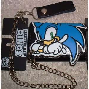  Sonic The Hedgehog Big Face Black Tri Fold Wallet w/Chain 