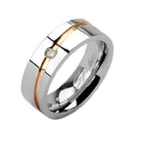   Steel Lady Ring With Diagonal Gold Plated Line in Center With Small CZ