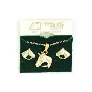  Horse Head with Reins Necklace & Earrings Set Gold 
