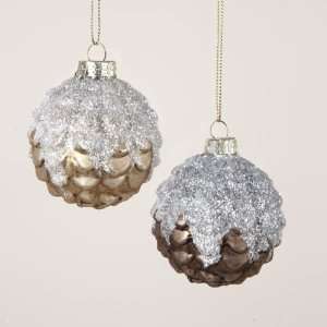  24 Snow Drift Glittered Brown and Beige Glass Pine Cone 