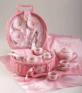 CHILDS PORCELAIN TEA SET FOR 4 Pink Princess Deluxe Basket  
