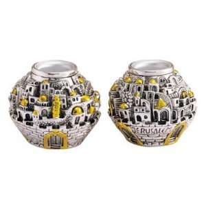   of 2 Jerusalem City Candle Holders in Silver and Gold 