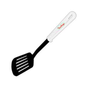 Black slotted spatula with white handle. 