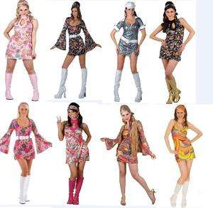 60s Hippie Ladies Fancy Dress Costume Adults Hippy Dress 8 Styles 