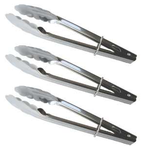 Set of 3 Stainless Steel Clam Shell Food Service Tongs with Sliding 