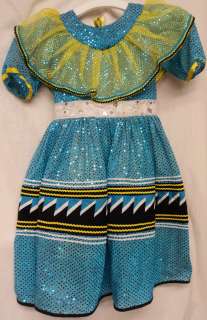   American Oklahoma Seminole Patchwork Girls Regalia Dress Blue Yellow