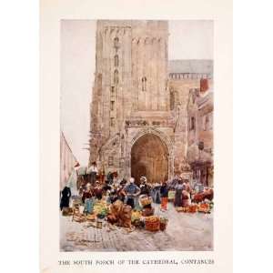  1907 Color Print Market Coutances Cathedral South Entrance 