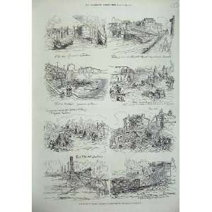  1875 Floods France Toulouse Boat Bridge River Sketch