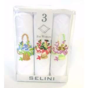  Handkerchiefs for Women   3 PC Floral Basket Embroidered 