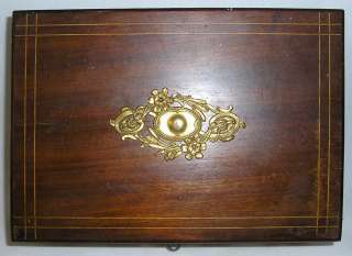 SOLID WOOD BOX OLD FRENCH BRASS INLAY ESCUTCHEON ON LID  