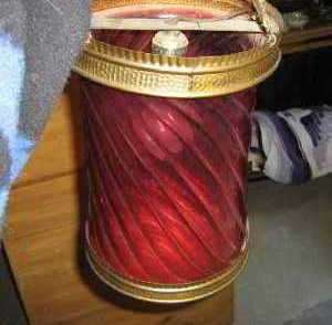 Antique Cranberry Glass Cylinder Pendant Brass Ceiling Fixture.