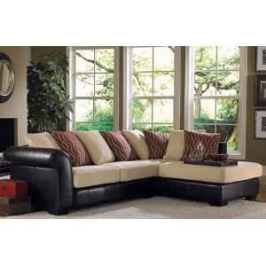   Creme Chenille Brown Vinyl Right Chaise Sectional Sofa