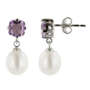   Silver Amethyst and Freshwater Cultured Pearl Drop Earrings Jewelry
