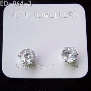 6Pairs Round White Cubic Zirconia MAGNETIC Stud Earrings 6mm  