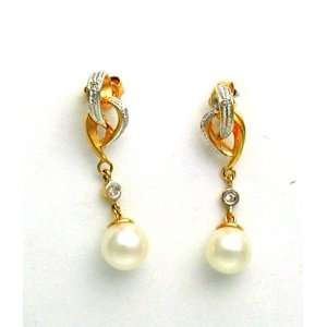 Pearl Earrings Cultured Pearl Dangled and Diamonds on 14k 