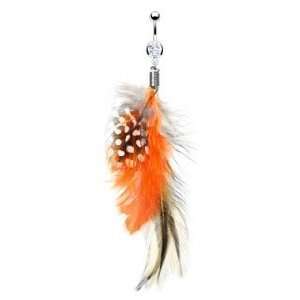 Dangling Orange and Multi Color Feather Belly Button Navel Ring Dangle 