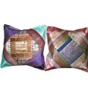   Blue Pink Ethnic Vintage Sari Zari Borders Toss Pillow