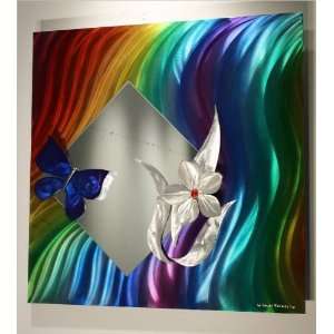 Rainbow Mirror Art, Metal Wall Sculpture, Butterfly, Floral Art 