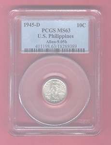 PHILIPPINES 10 CENTAVOS 1945 D DDO ALLEN 9.05B RARE, HIGHEST GRADED BY 