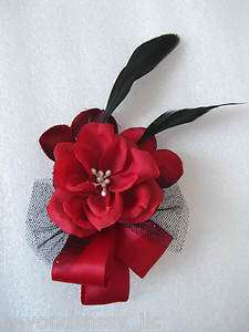 Christmas Holiday Red Rose Flower Black Feather Fascinator Hair Bow 