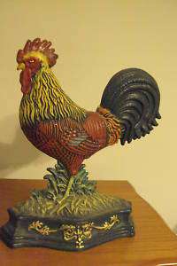 DECORATIVE METAL ROOSTER STAND / DOOR STOPPER 13H STAINED PAINTED 