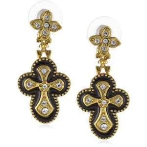   Antiquities Couture Black Enamel Flower Cross Drop Earrings Jewelry