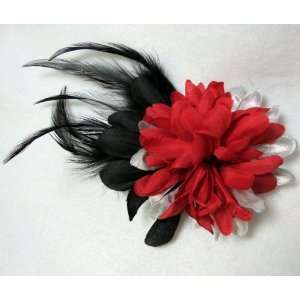  Black Red and Silver Hair Flower Clip and Pin Beauty
