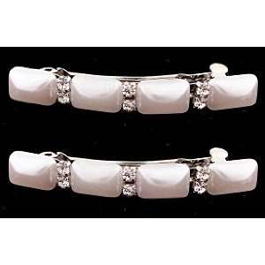 Traditional Auto Barrettes Decorated With Four (4) Pearls And Crystal 