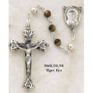 Sterling Silver Rosary, 6mm Semi Precious Tiger Eye W/ Medona Center 