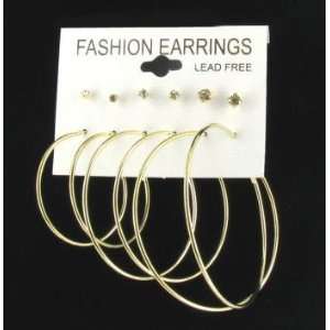  Yellow Gold Plated Hoop and Stud Earrings (3 Pair 