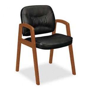   Chair w/Wood Arms, Black Leather/Bourbon Cherry Finish