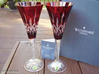 Waterford LISMORE RUBY RED FLUTES CASED CUT TO CLEAR  