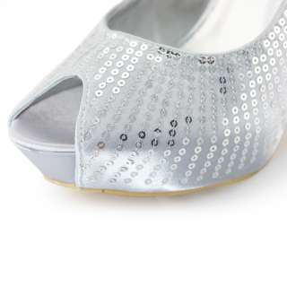 SHOEZY dress womens silver sequins open toe high heel platform shoes 