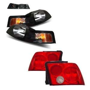  99 04 Ford Mustang Black Headlights /w Amber + Tail Lights 