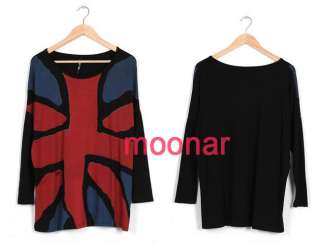 Personal Style Union Jack Flag Batwing Sleeve Women T Shirts Tops Long 