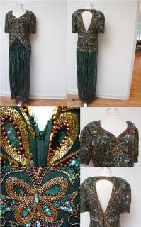 VINTAGE GREEN SILK PEARL BEAD SEQUIN LINED EVENING GOWN DRESS WEDDING 