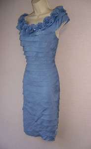 MAGGY LONDON TIMES Pale Blue Tiered Lazer Cut Rosette Cocktail Dress 