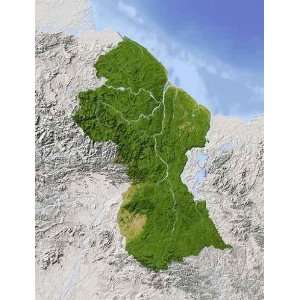 Guyana, Shaded Relief Map, Colored for Vegetation.   Peel and Stick 