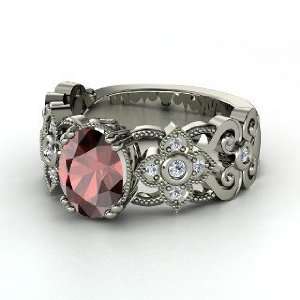  Mantilla Ring, Oval Red Garnet Palladium Ring with Diamond 