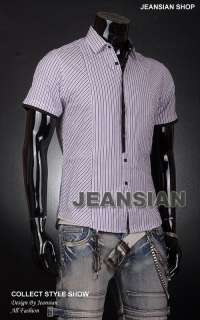 3mu Mens Designer Slim Short Shirt Top Tie Style Strip Purple/Blue M L 
