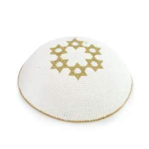 16 cm white knitted kippah with gold embroidery 