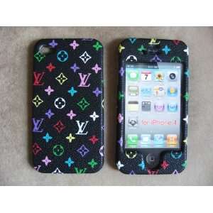  iPhone 4 Leather Front & Back Case Cover Black Rainbow 