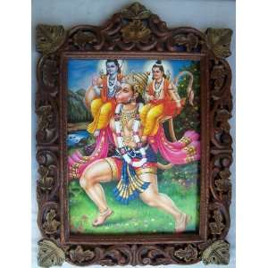  Lord Hanuman Carrying Ram & Laxman poster painting in Wood 