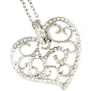  Silver Tone Heart Charm Crystal Necklace Jewelry