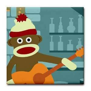 Sock Monkey Acoustic Guitar Player Music Tile Coaster by  