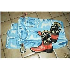  Western Cowboy Boots and Denim Jeans Shaped Wool Area Rug 