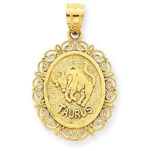    14k Solid Satin Polished Taurus Zodiac Oval Pendant Jewelry