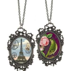   Eiffel Tower & Peacock Cameo Portrait Necklace   Matte Silver Jewelry